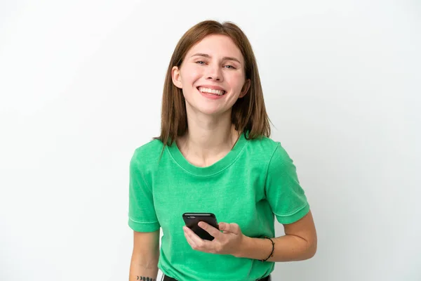 Νεαρή Αγγλίδα Γυναίκα Απομονωμένη Λευκό Φόντο Χρησιμοποιώντας Κινητό Τηλέφωνο — Φωτογραφία Αρχείου