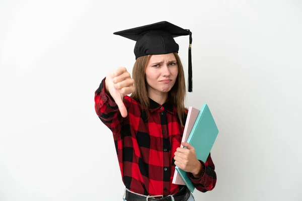 Young English Student Woman Isolated White Background Showing Thumb Negative — Stock Photo, Image