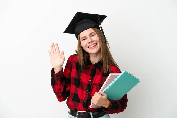 Mladá Anglická Studentka Izolované Bílém Pozadí Salutování Rukou Šťastným Výrazem — Stock fotografie