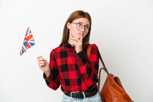 Jovem Segurando Uma Bandeira Reino Unido Isolada Fundo Azul Com — Fotografia de Stock