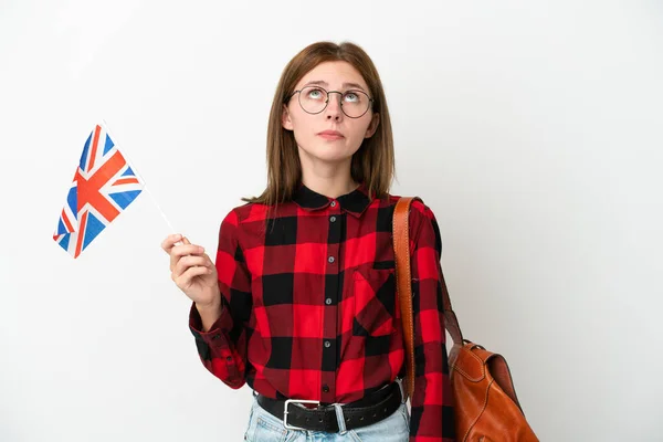 Young Woman Holding United Kingdom Flag Isolated Blue Background Looking — 图库照片