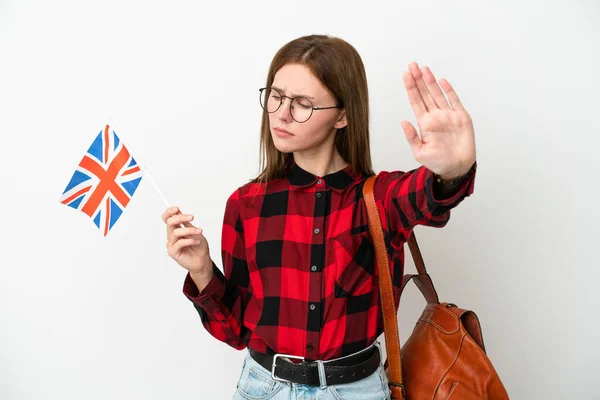 Young Woman Holding United Kingdom Flag Isolated Blue Background Making — 图库照片