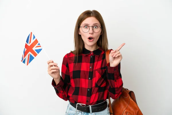 Young Woman Holding United Kingdom Flag Isolated Blue Background Intending — 图库照片