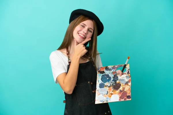 Joven Artista Inglesa Sosteniendo Una Paleta Aislada Sobre Fondo Azul — Foto de Stock