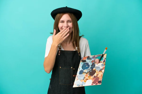 Young Artist English Woman Holding Palette Isolated Blue Background Happy — Stock Photo, Image