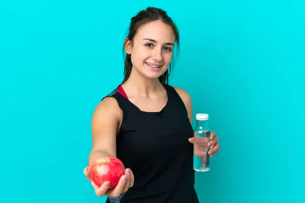 Giovane Donna Ucraina Isolata Sfondo Blu Con Una Mela Con — Foto Stock