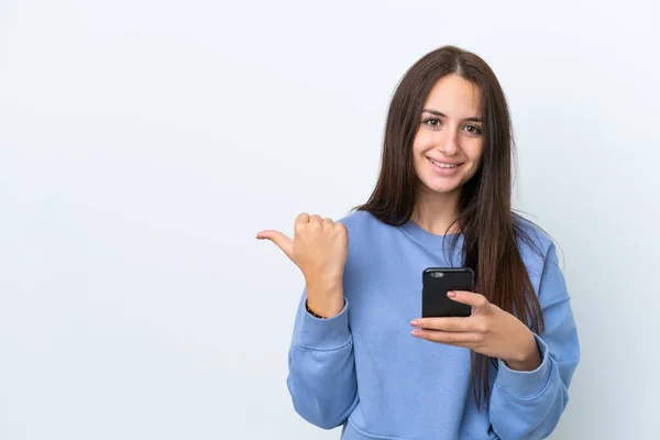 Giovane Donna Ucraina Isolata Sfondo Bianco Utilizzando Telefono Cellulare Indicando — Foto Stock