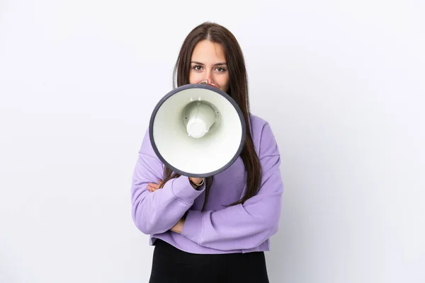 Jonge Oekraïense Vrouw Geïsoleerd Witte Achtergrond Schreeuwen Door Een Megafoon — Stockfoto