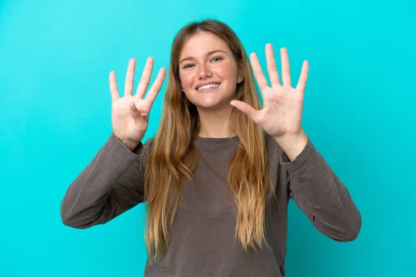 Jong Blond Vrouw Geïsoleerd Blauwe Achtergrond Tellen Negen Met Vingers — Stockfoto