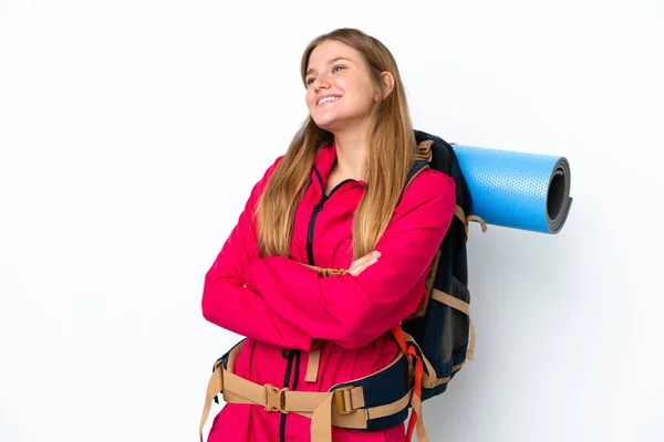 Young Mountaineer Girl Big Backpack Isolated White Background Happy Smiling — Stock Photo, Image