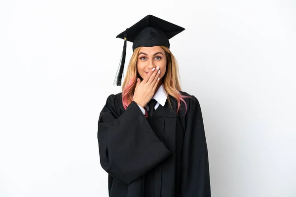 Jovem Universidade Graduado Sobre Isolado Branco Fundo Feliz Sorrindo Cobrindo — Fotografia de Stock