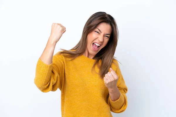 Kaukasische Frau Mittleren Alters Auf Weißem Hintergrund Isoliert Und Feiert — Stockfoto