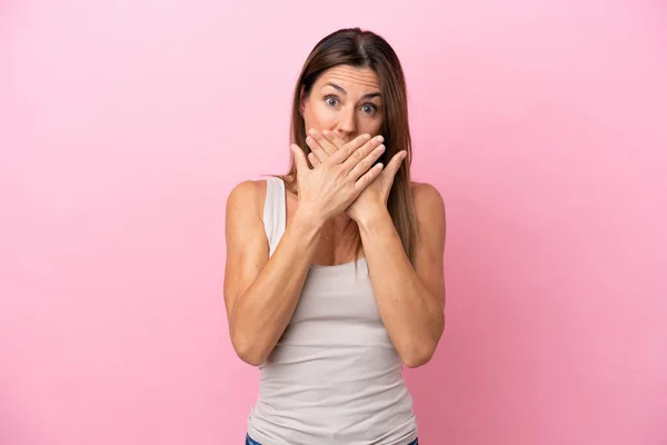 Middle Age Caucasian Woman Isolated Pink Background Covering Mouth Hands — Stock Photo, Image