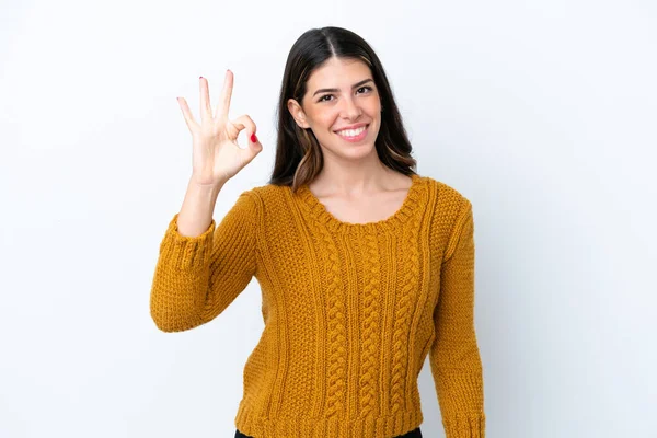 Mladý Italský Žena Izolovaný Bílém Pozadí Ukazující Znamení Prsty — Stock fotografie