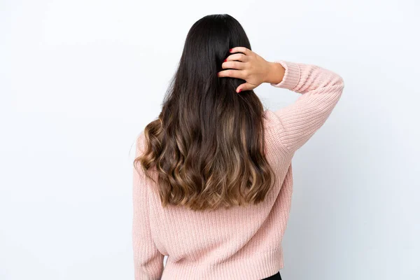 Jonge Italiaanse Vrouw Geïsoleerd Witte Achtergrond Rug Positie Denken — Stockfoto