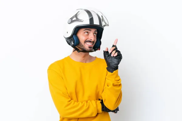 Joven Hombre Caucásico Con Casco Moto Aislado Sobre Fondo Blanco — Foto de Stock