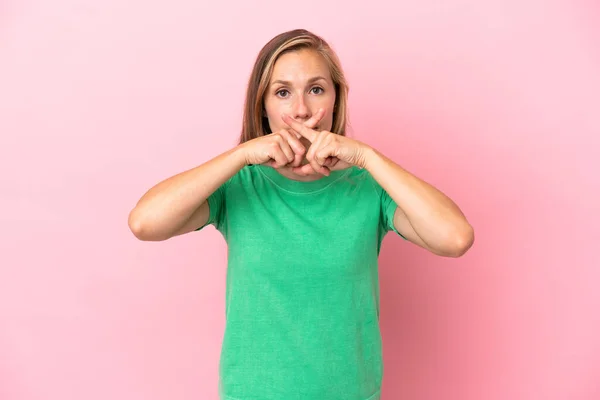 Young English Woman Isolated Pink Background Showing Sign Silence Gesture — Stock Photo, Image