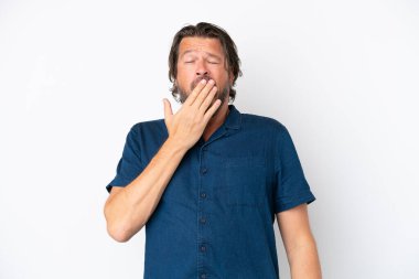 Üst düzey Hollandalı beyaz arka planda izole edilmiş esniyor ve geniş ağzı elle kapatıyor.