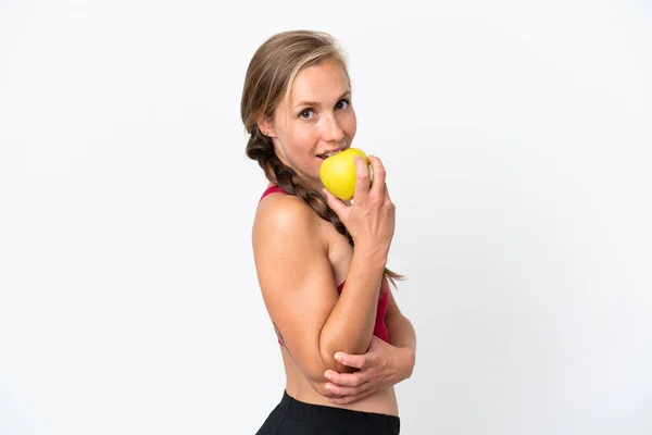 Joven Mujer Inglesa Aislada Sobre Fondo Blanco Comiendo Una Manzana —  Fotos de Stock
