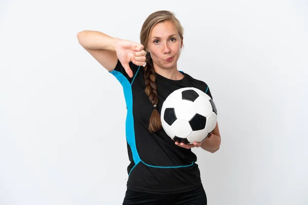 Jeune Joueur Football Femme Isolée Sur Fond Blanc Montrant Pouce — Photo