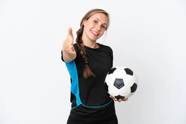 Νεαρή Ποδοσφαιριστής Γυναίκα Απομονωμένη Λευκό Φόντο Χειραψία Για Κλείσιμο Μιας — Φωτογραφία Αρχείου