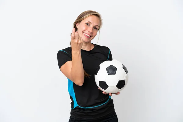 Jeune Footballeuse Femme Isolée Sur Fond Blanc Faisant Geste Venir — Photo