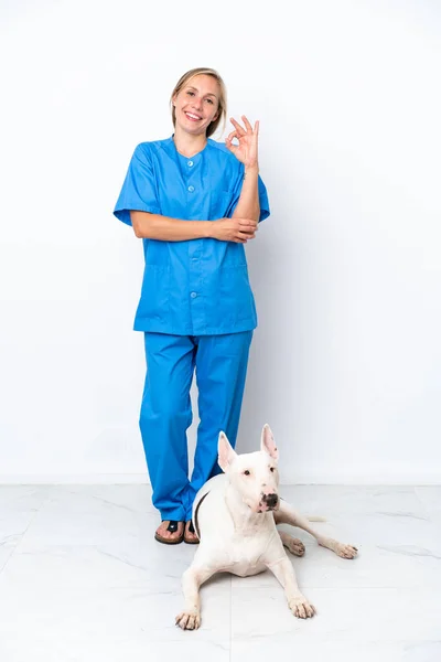 Молодая Ветеринар Английская Женщина Собакой Изолирована Белом Фоне Показывая Хороший — стоковое фото