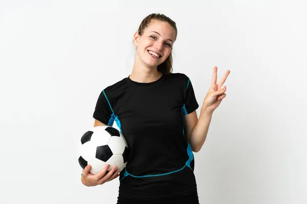 Jovem Jogador Futebol Mulher Isolada Fundo Branco Sorrindo Mostrando Sinal — Fotografia de Stock