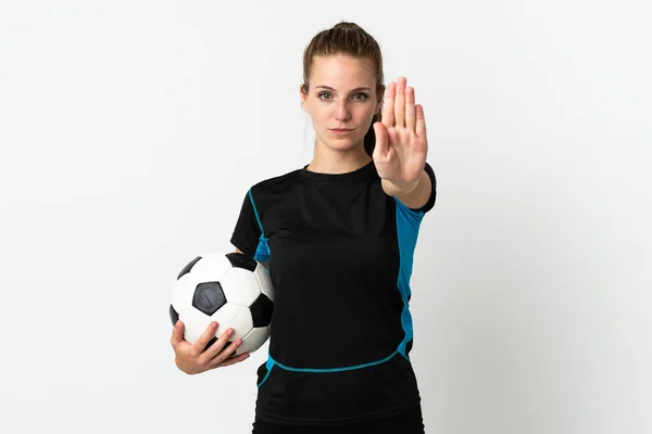 Joven Futbolista Mujer Aislada Sobre Fondo Blanco Haciendo Stop Gesture —  Fotos de Stock