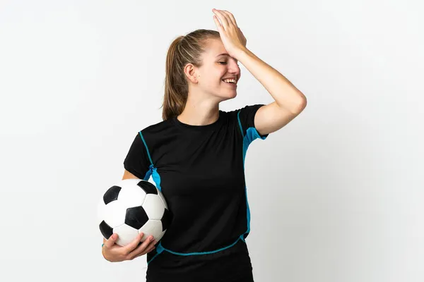 Jovem Jogador Futebol Mulher Isolada Fundo Branco Percebeu Algo Pretendendo — Fotografia de Stock
