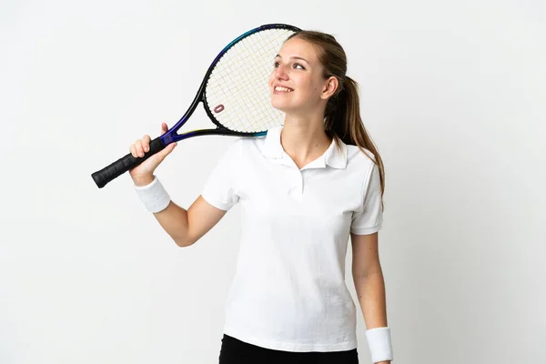 Jeune Femme Caucasienne Isolée Sur Fond Blanc Jouant Tennis Levant — Photo