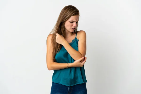 Young Caucasian Woman Isolated Background Pain Elbow — Stock Photo, Image
