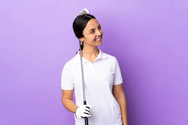 Young Golfer Woman Isolated Colorful Background Happy Smiling — Stock Photo, Image
