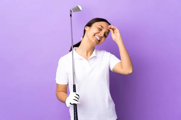 Young Golfer Woman Isolated Colorful Background Smiling Lot — Stock Photo, Image