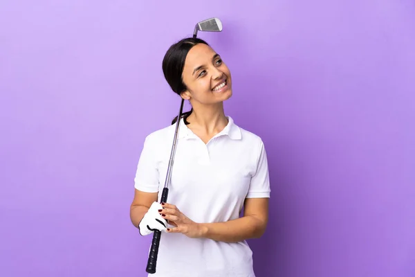 Young Golfer Woman Isolated Colorful Background Looking While Smiling — Stock Photo, Image