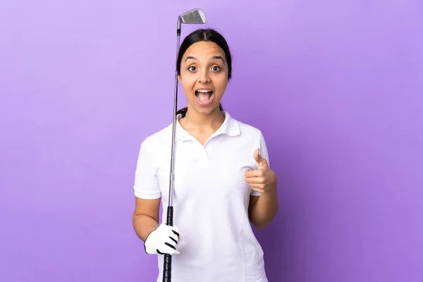 Young Golfer Woman Isolated Colorful Background Showing Sign Thumb Gesture — Stock Photo, Image