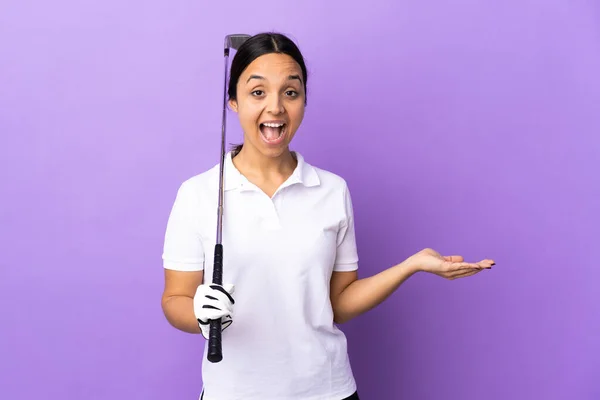 Young Golfer Woman Isolated Colorful Background Shocked Facial Expression — Stock Photo, Image
