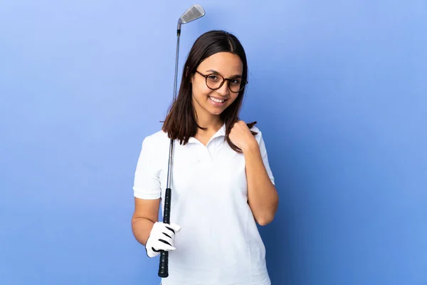 Young Golfer Woman Isolated Colorful Background Laughing — Stock Photo, Image