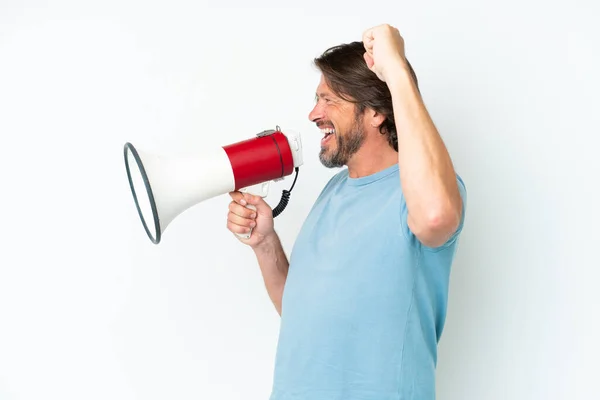 Senior Dutch Man Isolated White Background Shouting Megaphone Announce Something — Stock Photo, Image