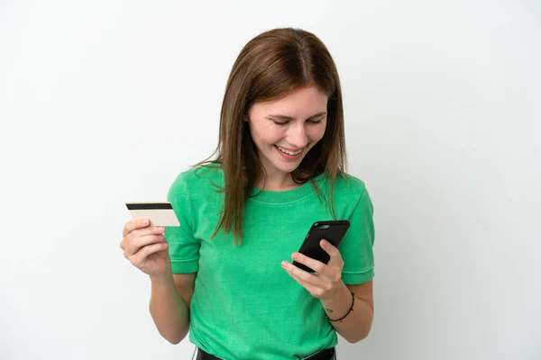 Jonge Engelse Vrouw Geïsoleerd Witte Achtergrond Kopen Met Mobiele Telefoon — Stockfoto