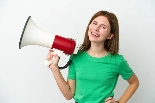 Jong Engels Vrouw Geïsoleerd Witte Achtergrond Met Een Megafoon Glimlachen — Stockfoto