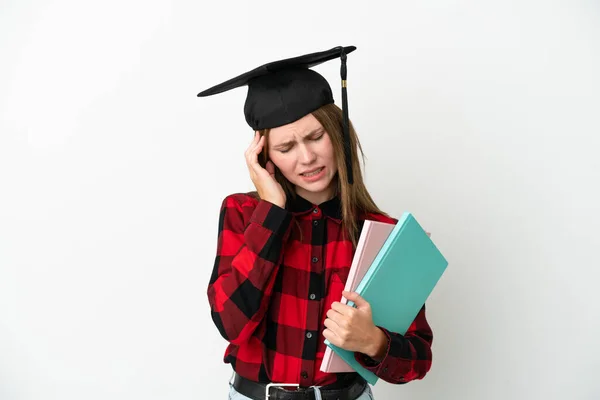 Mladý Anglický Student Žena Izolované Bílém Pozadí Bolestí Hlavy — Stock fotografie