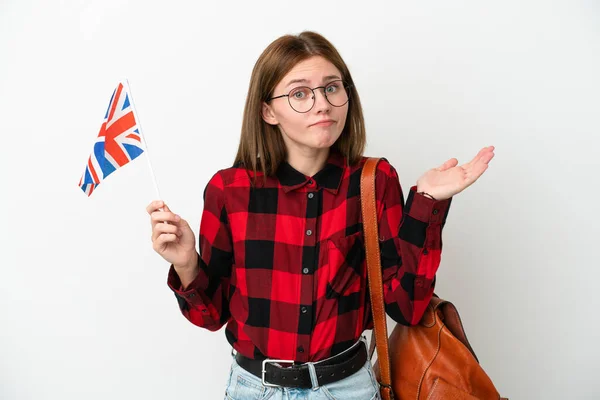 Junge Frau Mit Einer Britischen Flagge Auf Blauem Hintergrund Hat — Stockfoto