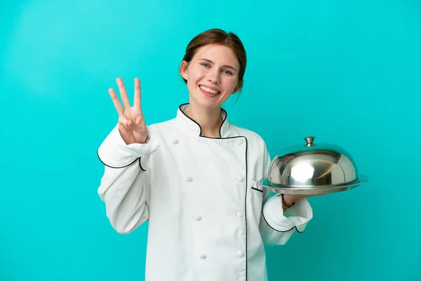 Junge Köchin Frau Mit Tablett Isoliert Auf Blauem Hintergrund Glücklich — Stockfoto