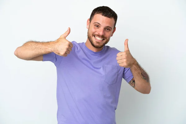 Jovem Brasileiro Isolado Fundo Branco Dando Gesto Polegar Para Cima — Fotografia de Stock