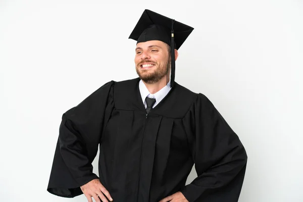 Joven Graduada Brasileña Universitaria Aislada Sobre Fondo Blanco Posando Con — Foto de Stock