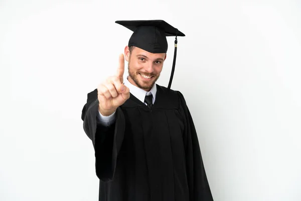 Jonge Universiteit Braziliaanse Afgestudeerde Geïsoleerd Witte Achtergrond Tonen Heffen Van — Stockfoto