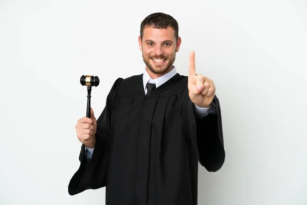 Judge Caucasian Man Isolated White Background Showing Lifting Finger — Stock Photo, Image