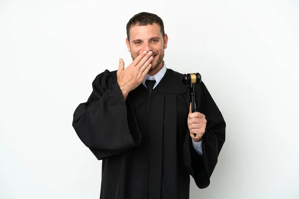 Суддя Білий Чоловік Ізольований Білому Тлі Щасливий Усміхнений Покриває Рот — стокове фото