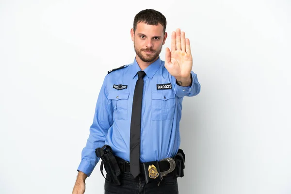 Jonge Politie Braziliaanse Man Geïsoleerd Witte Achtergrond Maken Stop Gebaar — Stockfoto